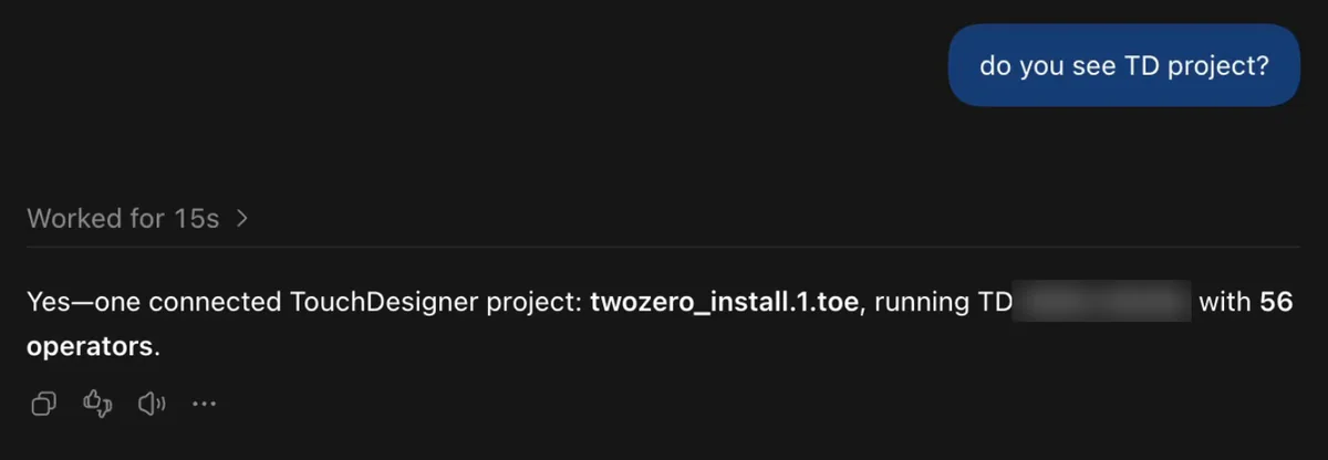 The agent answers: it sees your TouchDesigner project