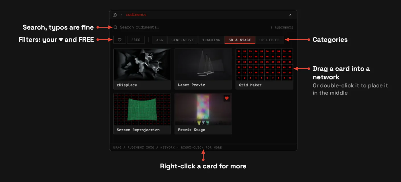 The Rudiments window: search, filters, categories, cards