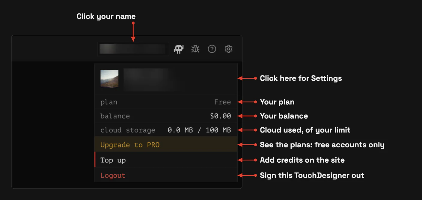 Click your name: plan, balance, cloud storage, Top up and Logout