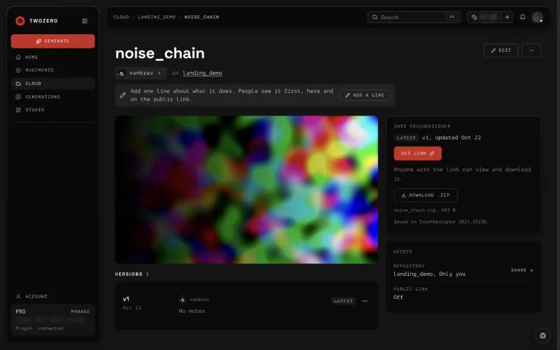 A component's page on the site: Get link, Download .zip, versions and access