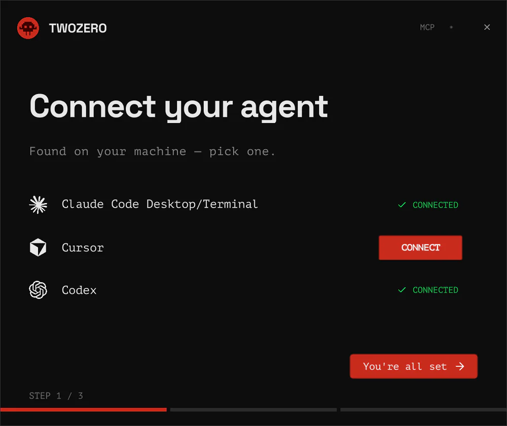 The wizard: CONNECT next to your agent