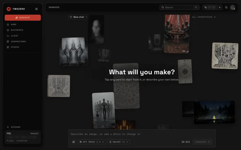 The composer on the site: model picker, prompt field and GENERATE with the price