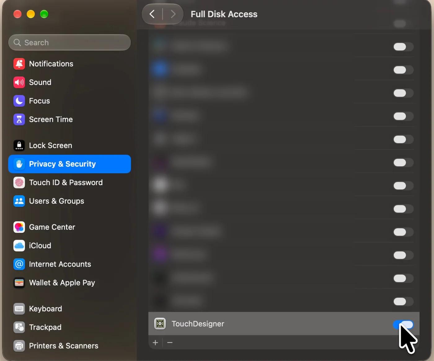 Turn TouchDesigner on in Full Disk Access