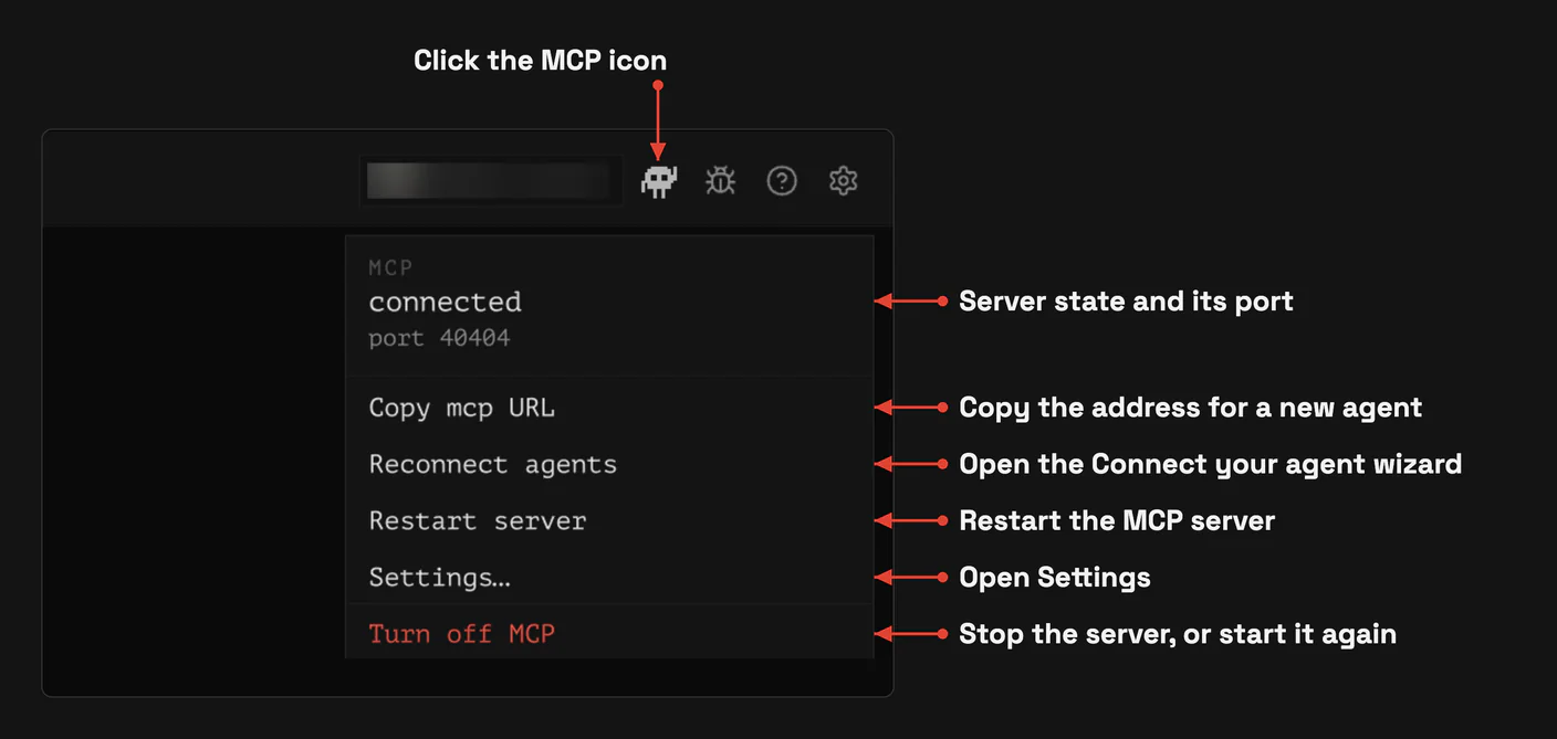 Click the MCP icon: server state and port, and what you can do with it